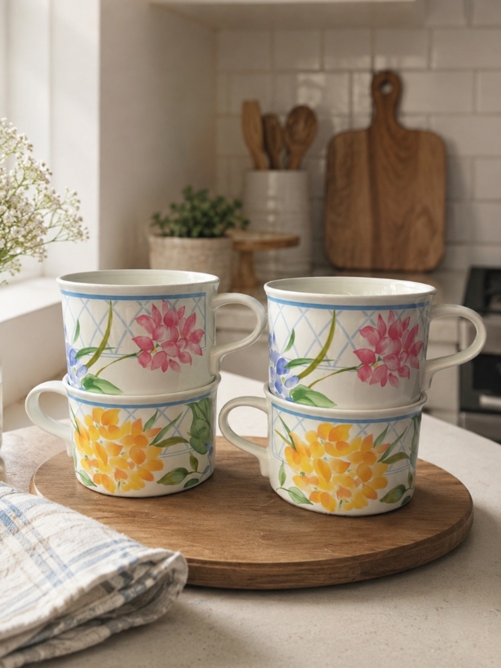 Mikasa Intaglio Pottery Cups Set of 4 Floral Coffee Tea Mugs